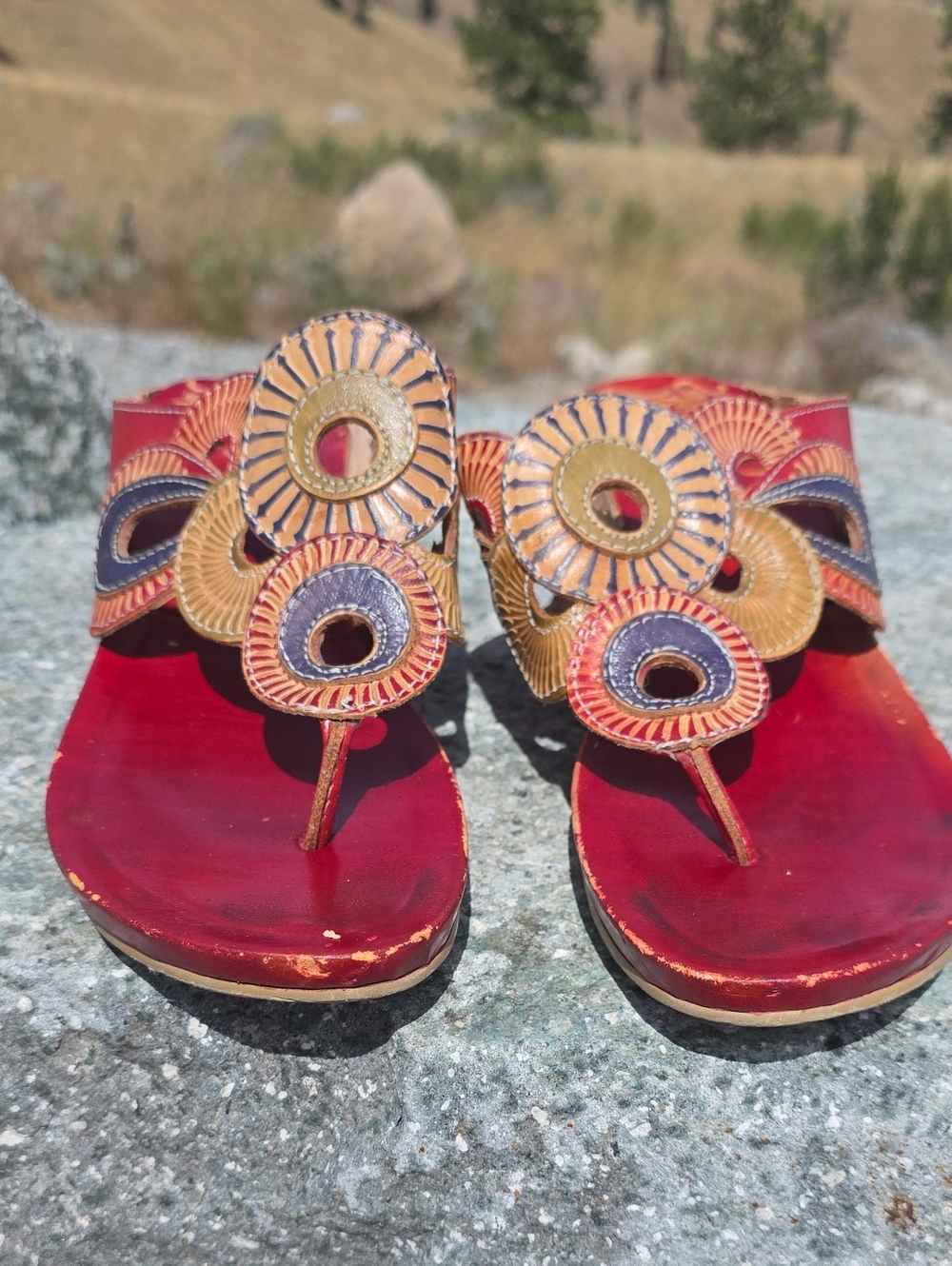Spring Step Red Leather Thong Sandals with Multicolor Circular Accents